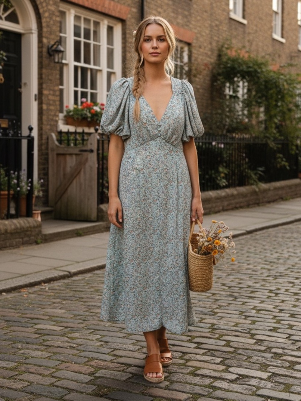BY THE RIVER Light Blue Floral Midi Dress Flutter Sleeves Prairie Scandi Medium